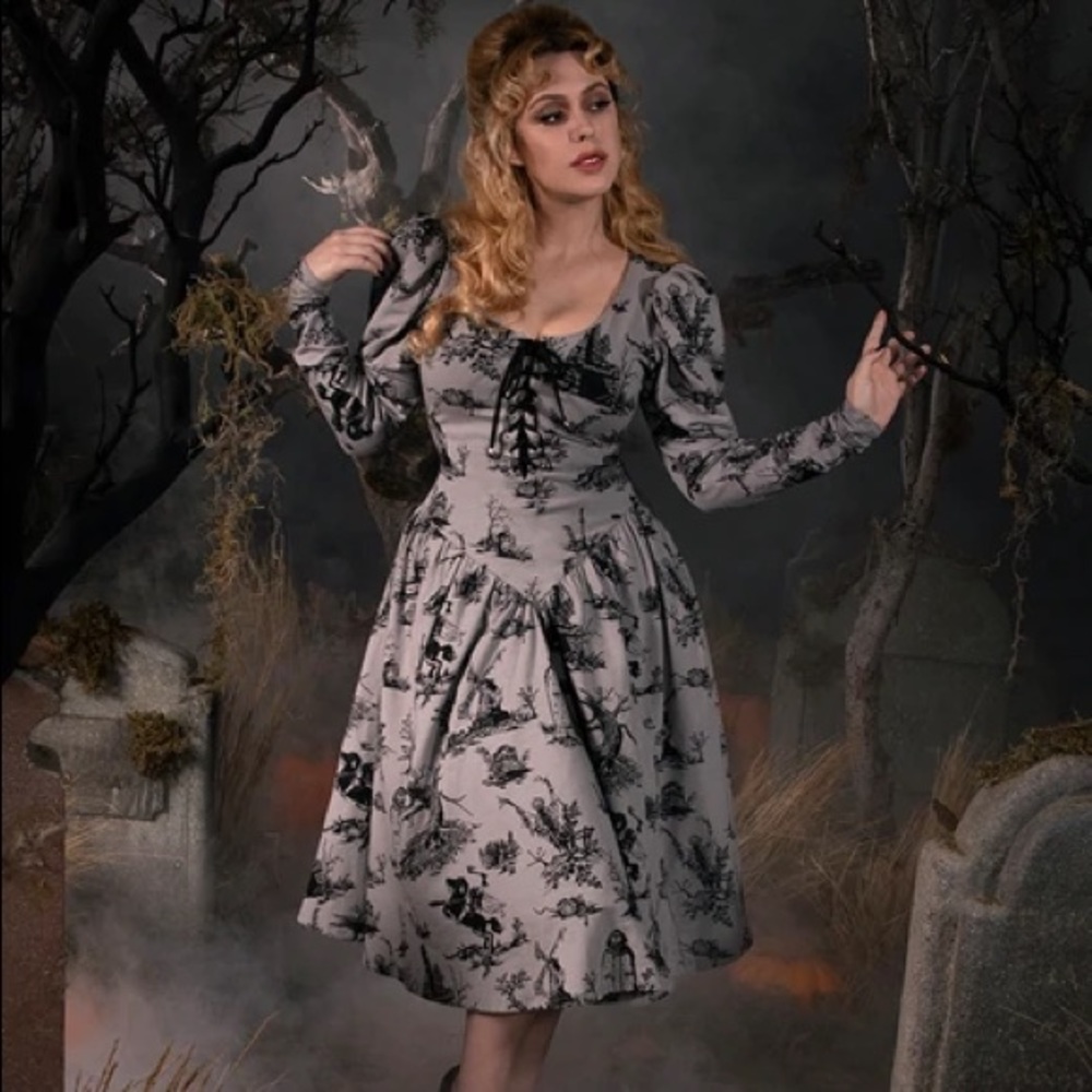 Sleepy Hollow Gothic Tales Toile Swing Dress in Grey